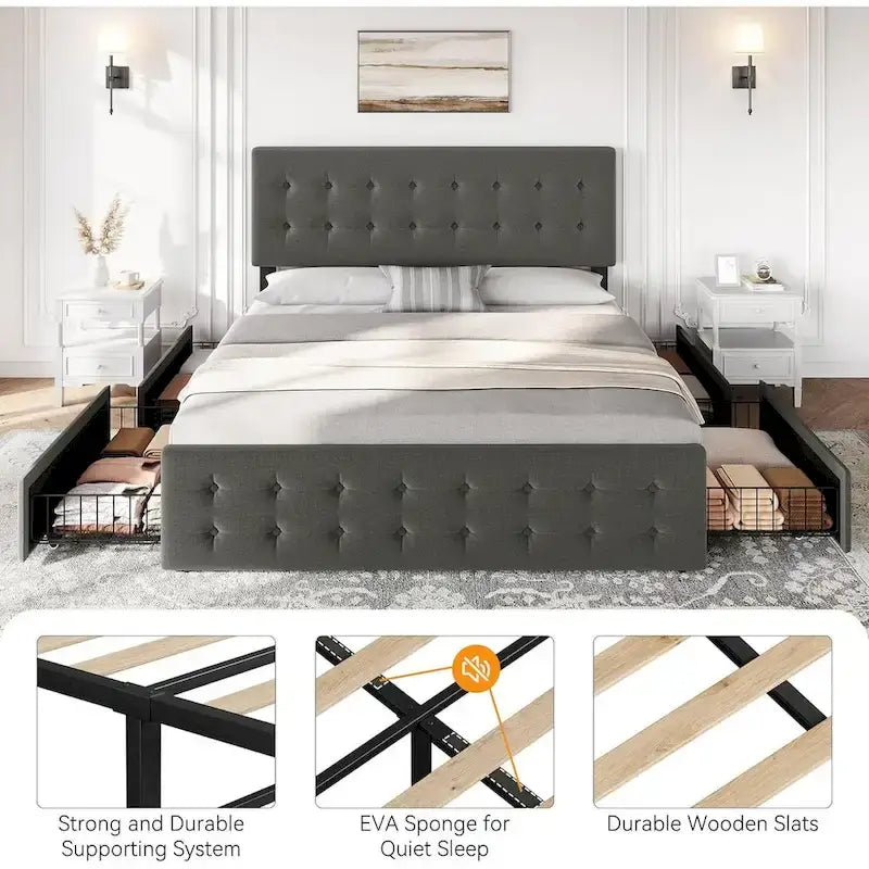 Gray Linen Queen Bed Frame with 4 Storage Drawers & Adjustable Headboard, 1-Person Assembly