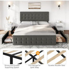 Gray Linen Queen Bed Frame with 4 Storage Drawers & Adjustable Headboard, 1-Person Assembly