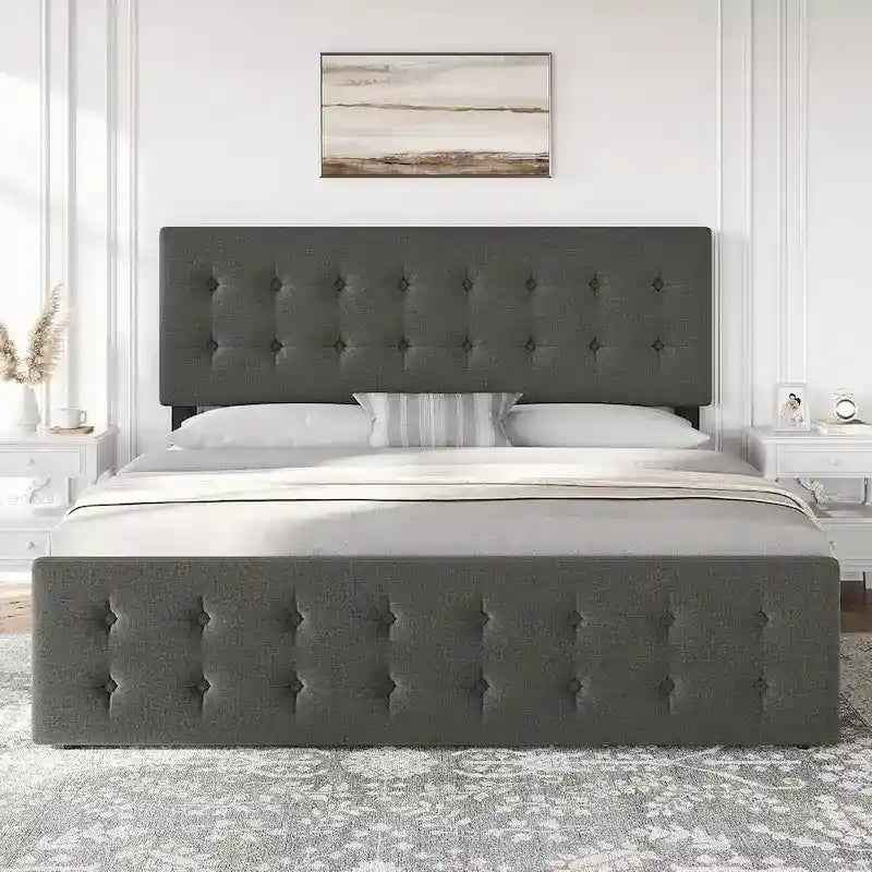 Gray Linen Queen Bed Frame with 4 Storage Drawers & Adjustable Headboard, 1-Person Assembly