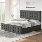 Gray Linen Queen Bed Frame with 4 Storage Drawers & Adjustable Headboard, 1-Person Assembly