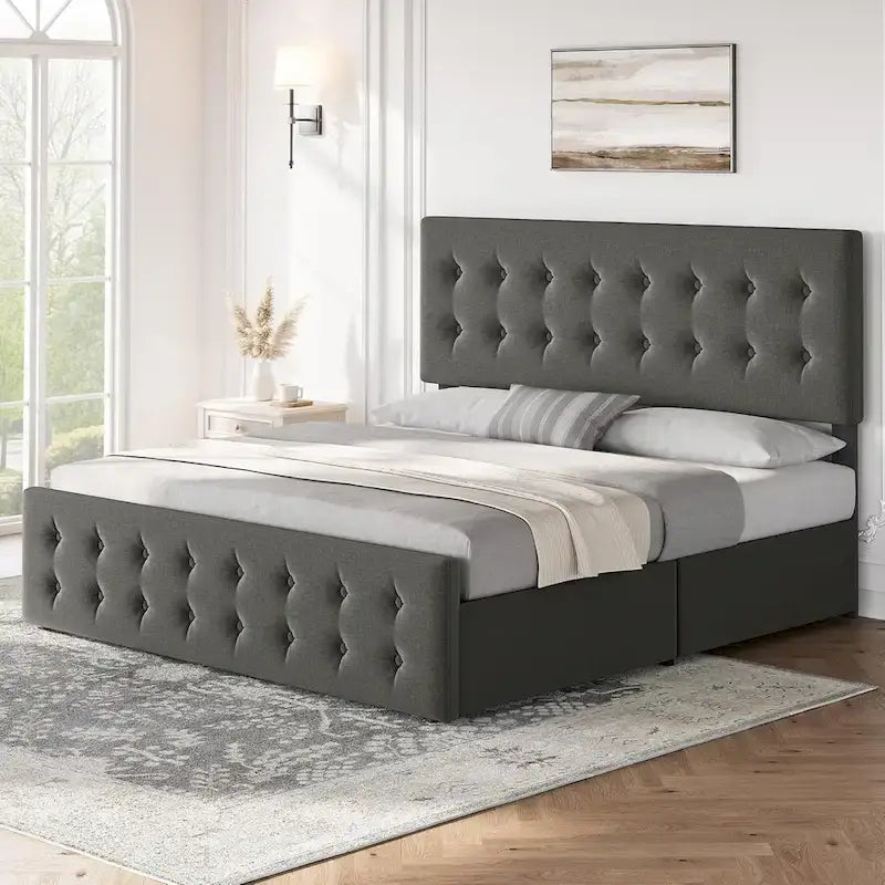 Gray Linen Queen Bed Frame with 4 Storage Drawers & Adjustable Headboard, 1-Person Assembly