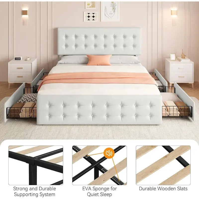 Gray Linen Queen Bed Frame with 4 Storage Drawers & Adjustable Headboard, 1-Person Assembly