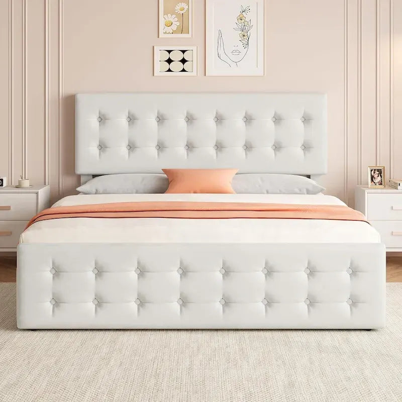 Gray Linen Queen Bed Frame with 4 Storage Drawers & Adjustable Headboard, 1-Person Assembly