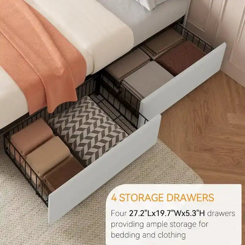 Gray Linen Queen Bed Frame with 4 Storage Drawers & Adjustable Headboard, 1-Person Assembly
