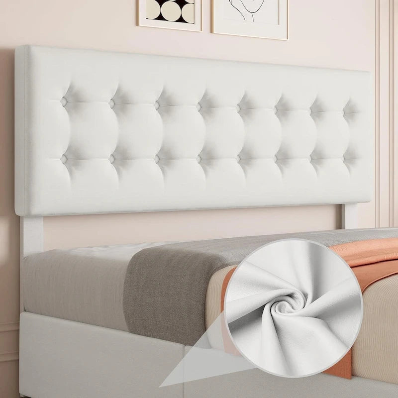 Gray Linen Queen Bed Frame with 4 Storage Drawers & Adjustable Headboard, 1-Person Assembly