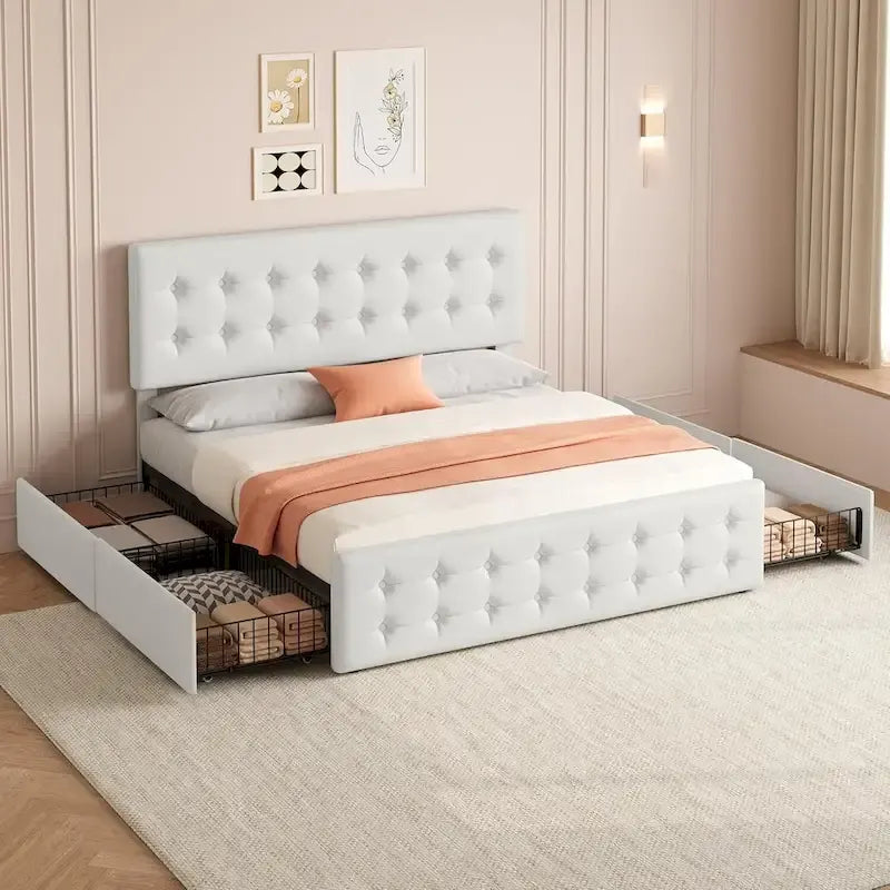 Gray Linen Queen Bed Frame with 4 Storage Drawers & Adjustable Headboard, 1-Person Assembly