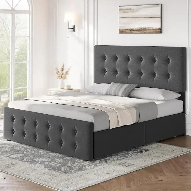 Gray Linen Queen Bed Frame with 4 Storage Drawers & Adjustable Headboard, 1-Person Assembly