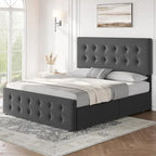Gray Linen Queen Bed Frame with 4 Storage Drawers & Adjustable Headboard, 1-Person Assembly