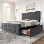 Gray Linen Queen Bed Frame with 4 Storage Drawers & Adjustable Headboard, 1-Person Assembly