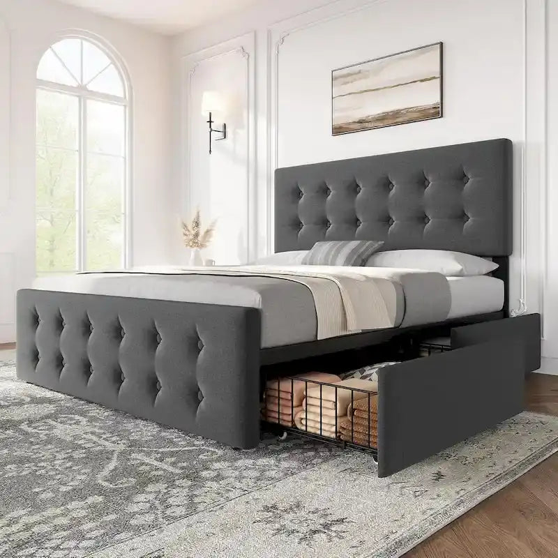 Gray Linen Queen Bed Frame with 4 Storage Drawers & Adjustable Headboard, 1-Person Assembly