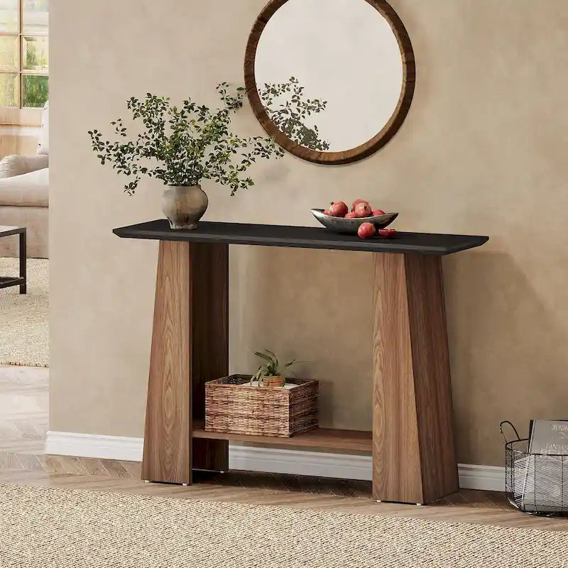 Console en Noyer et Noir avec Étagère de Rangement, Assemblage par 1 Personne, 119 cm
