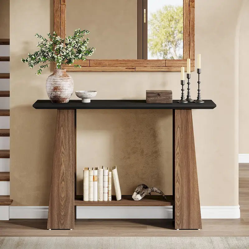 Black & Walnut Console Table with Storage Shelf, 1-Person Assembly, 47"