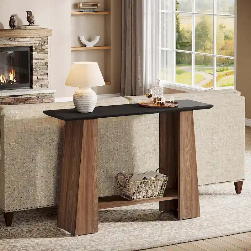 Console en Noyer et Noir avec Étagère de Rangement, Assemblage par 1 Personne, 119 cm