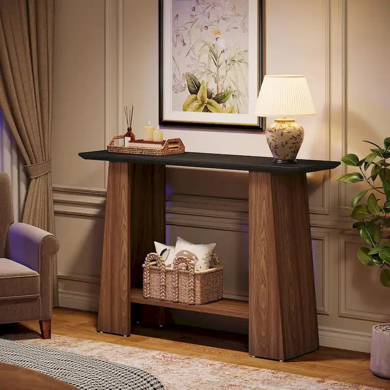 Black & Walnut Console Table with Storage Shelf, 1-Person Assembly, 47"