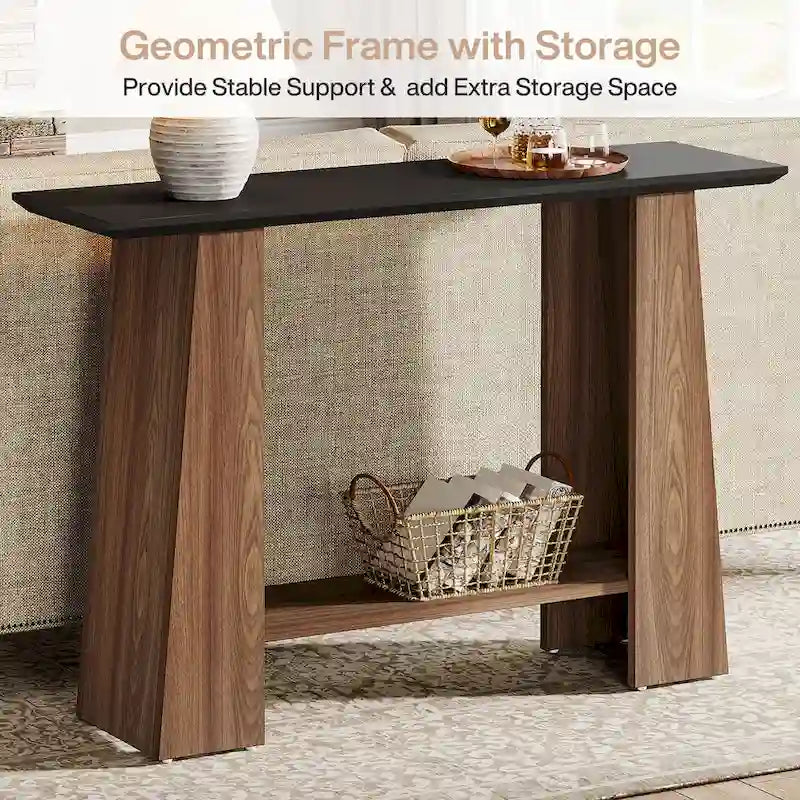 Console en Noyer et Noir avec Étagère de Rangement, Assemblage par 1 Personne, 119 cm