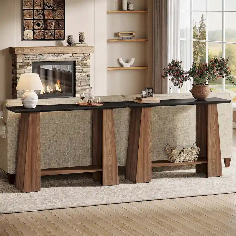 Console en Noyer et Noir avec Étagère de Rangement, Assemblage par 1 Personne, 119 cm