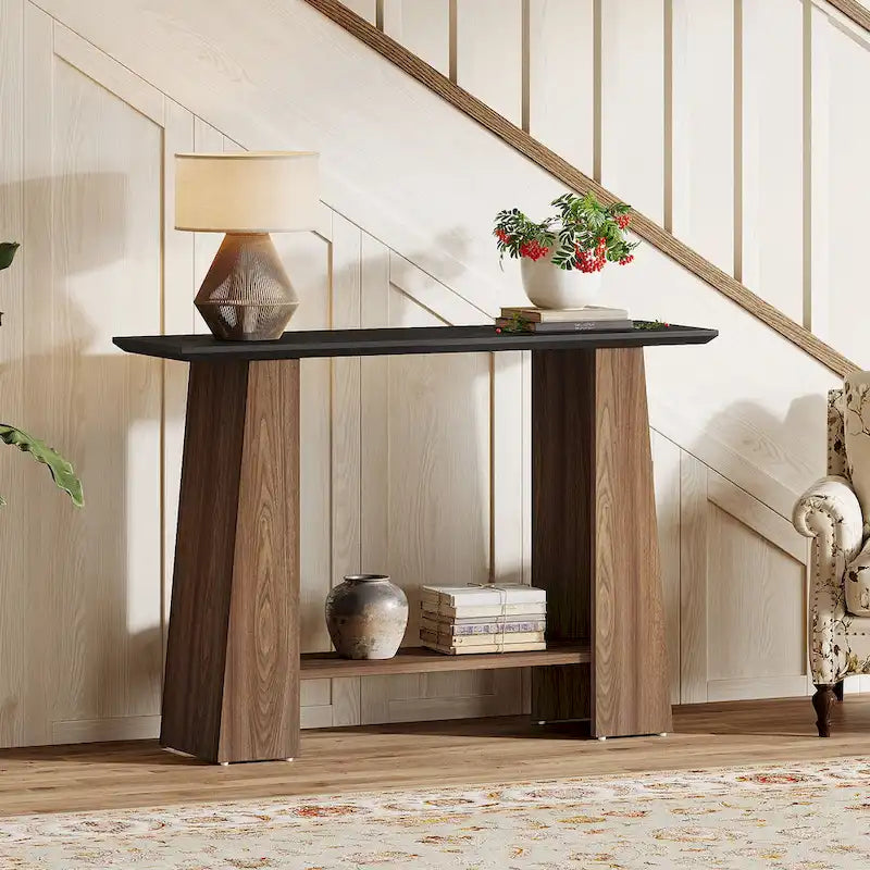 Console en Noyer et Noir avec Étagère de Rangement, Assemblage par 1 Personne, 119 cm