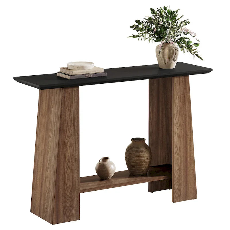 Console en Noyer et Noir avec Étagère de Rangement, Assemblage par 1 Personne, 119 cm