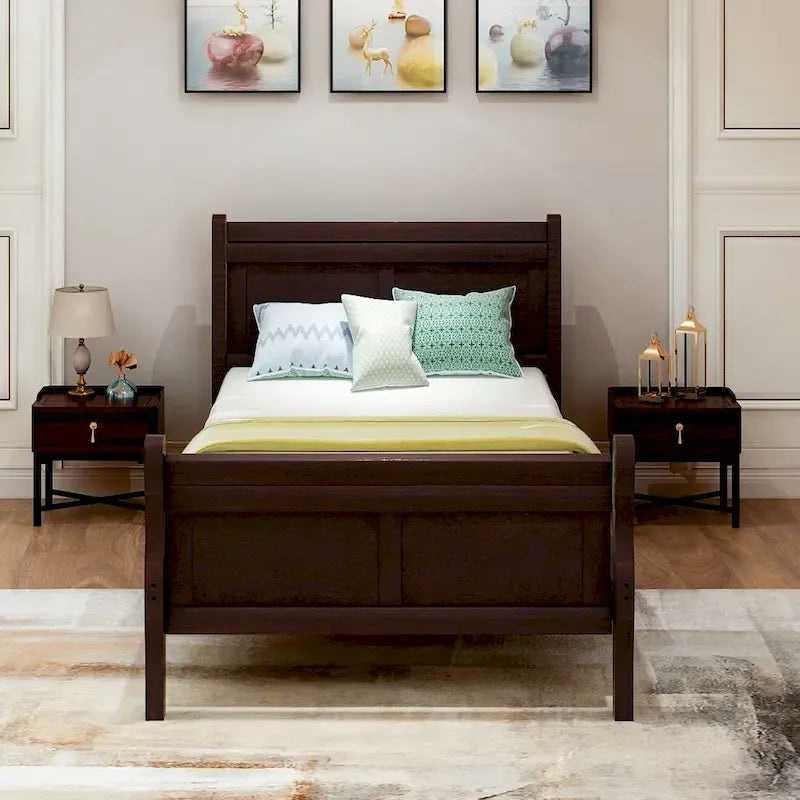 Oak/White/Espresso Twin Platform Bed with Headboard & Footboard