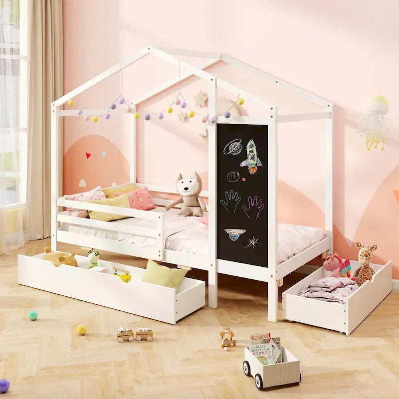 Lit cabane jumeau Costway avec 2 tiroirs de rangement Lit plateforme en bois massif