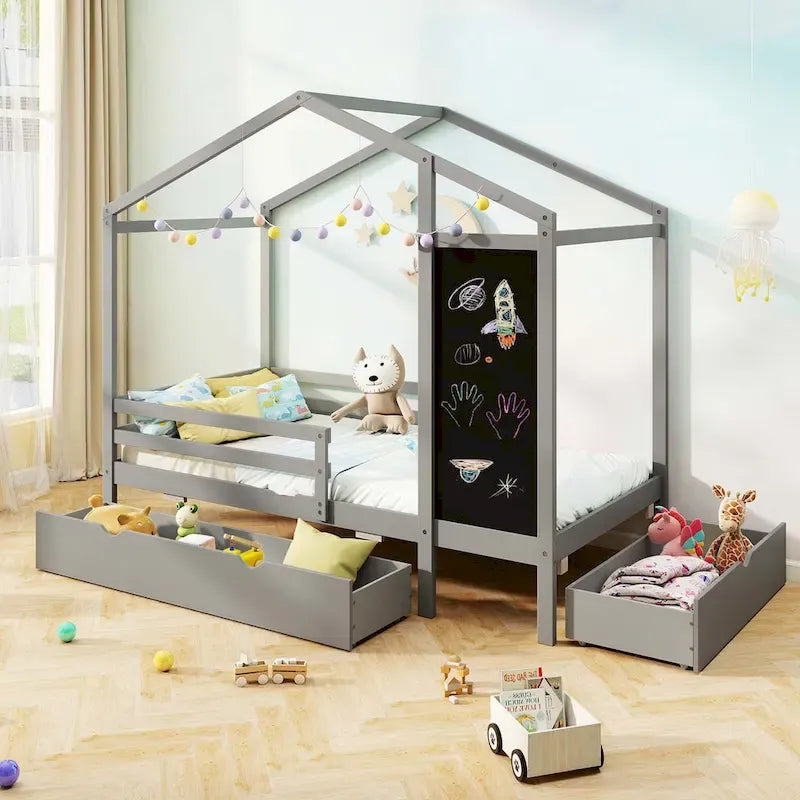 Lit cabane jumeau Costway avec 2 tiroirs de rangement Lit plateforme en bois massif