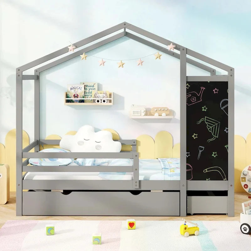 Lit cabane jumeau Costway avec 2 tiroirs de rangement Lit plateforme en bois massif