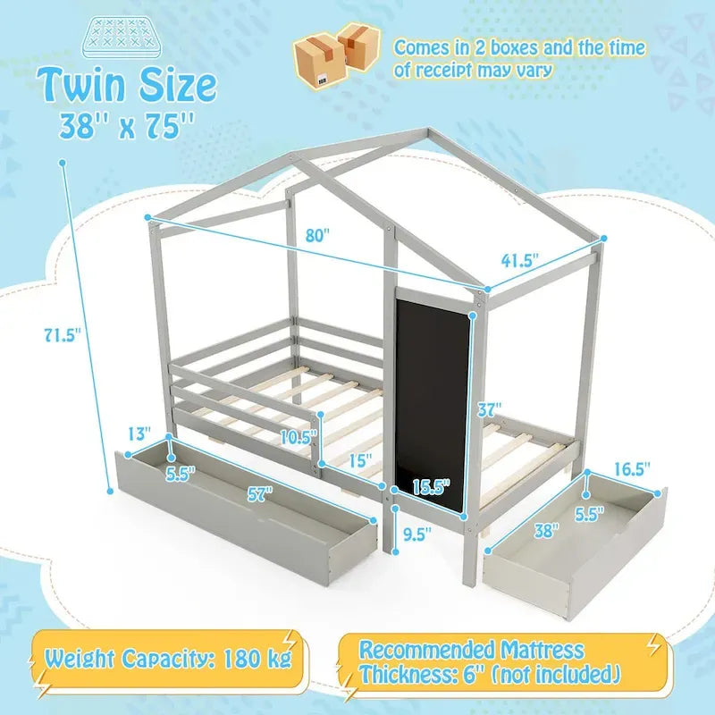 Lit cabane jumeau Costway avec 2 tiroirs de rangement Lit plateforme en bois massif