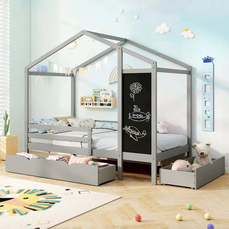 Lit cabane jumeau Costway avec 2 tiroirs de rangement Lit plateforme en bois massif