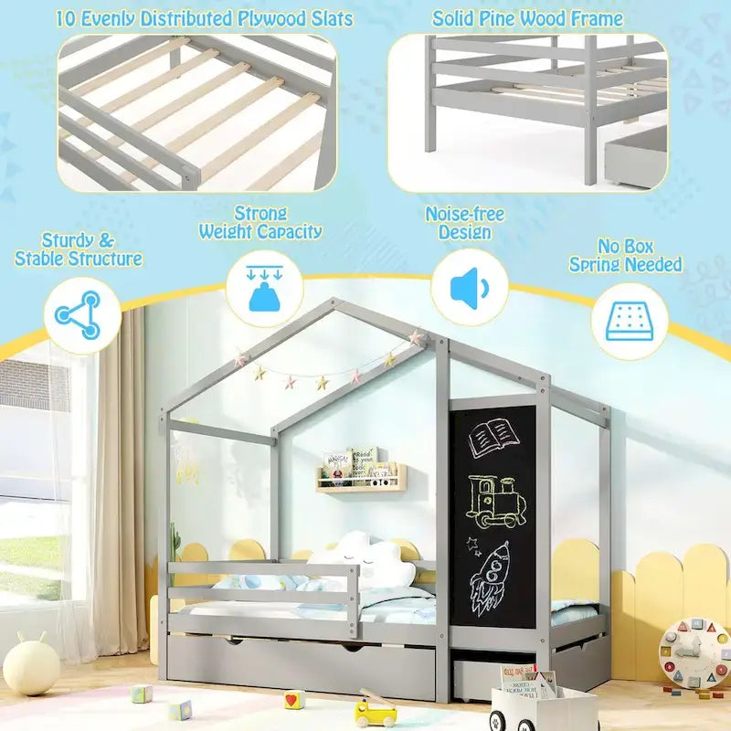Lit cabane jumeau Costway avec 2 tiroirs de rangement Lit plateforme en bois massif