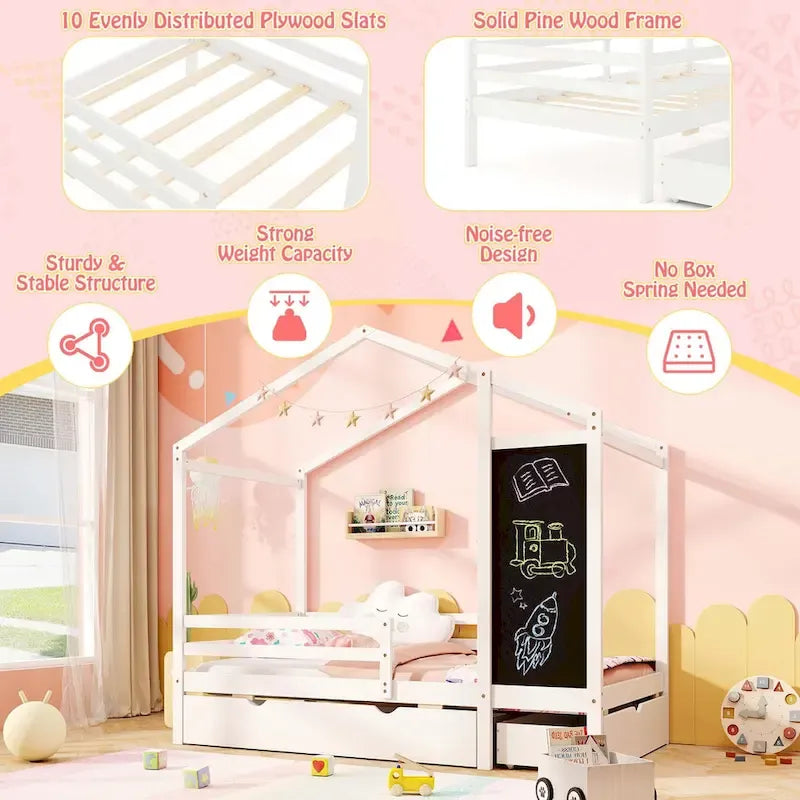 Lit cabane jumeau Costway avec 2 tiroirs de rangement Lit plateforme en bois massif
