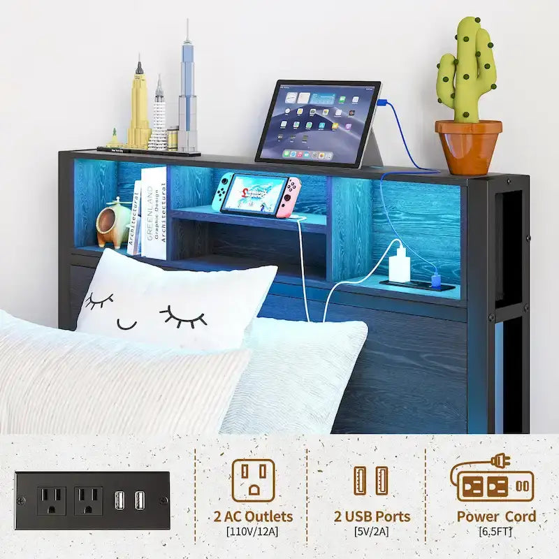 Lit plateforme en métal simple avec tête de lit de rangement et chargeur