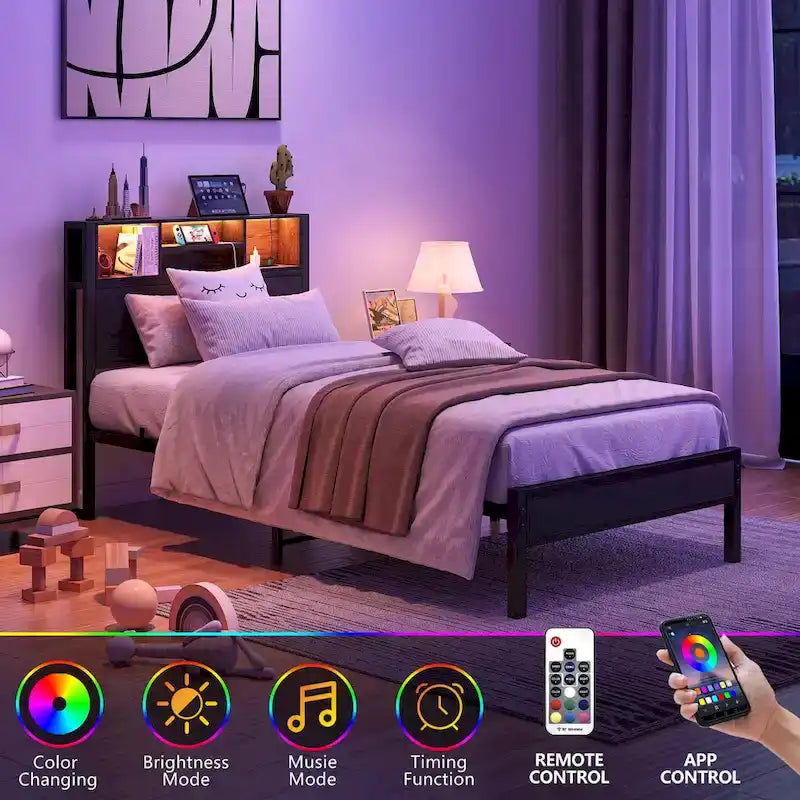 Lit plateforme en métal simple avec tête de lit de rangement et chargeur