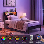 Lit plateforme en métal simple avec tête de lit de rangement et chargeur