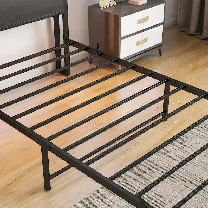 Lit plateforme en métal simple avec tête de lit de rangement et chargeur