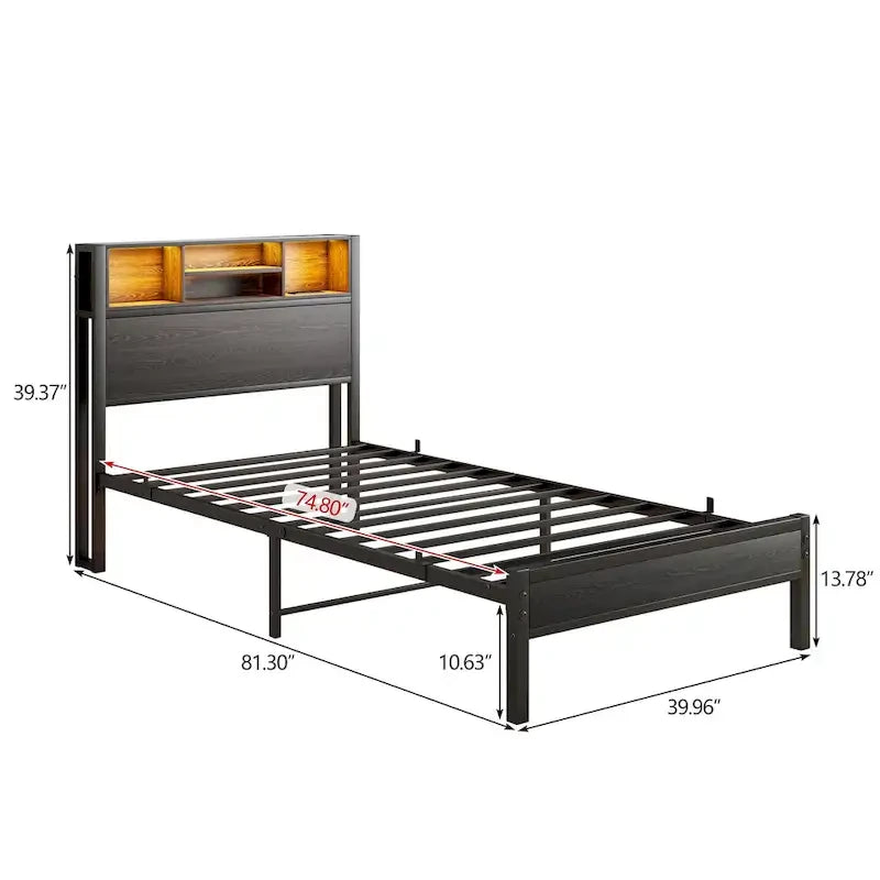 Lit plateforme en métal simple avec tête de lit de rangement et chargeur