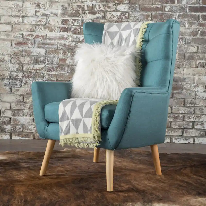 Fauteuil d'appoint à oreilles mi-century gris/vert sarcelle/blé, capitonné, une place