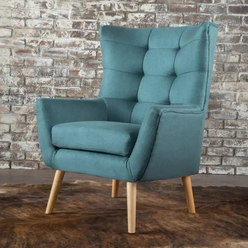 Fauteuil d'appoint à oreilles mi-century gris/vert sarcelle/blé, capitonné, une place