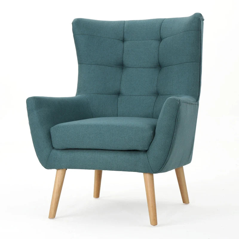 Fauteuil d'appoint à oreilles mi-century gris/vert sarcelle/blé, capitonné, une place
