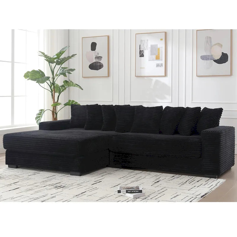 Canapé d'angle en velours côtelé noir/gris/beige/vert, méridienne à gauche, 3 places