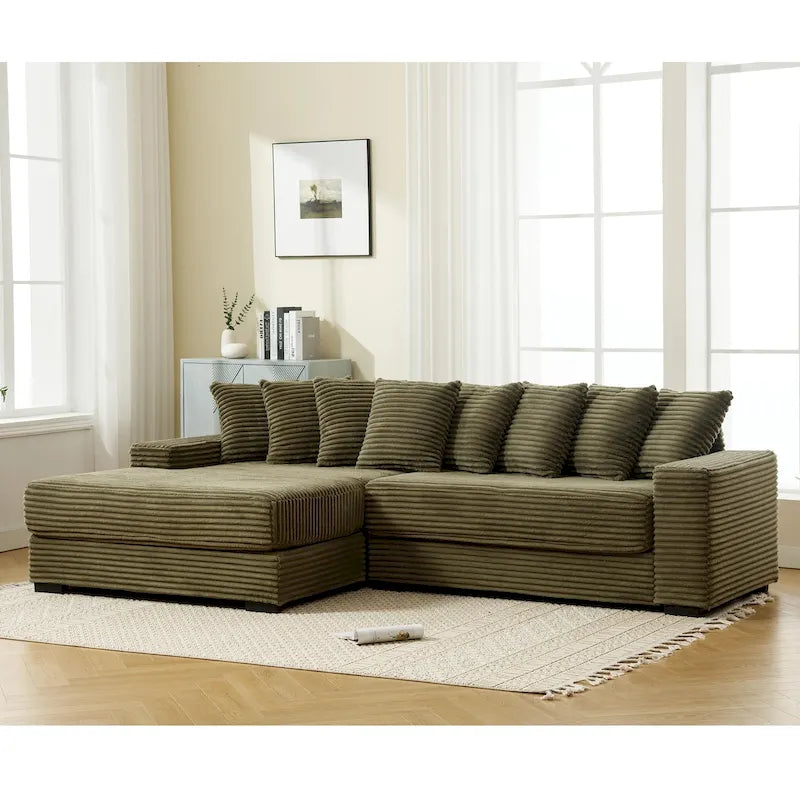 Black / Gray / Beige / Green Corduroy L-Shaped Sectional Sofa, Left Chaise, Seats 3