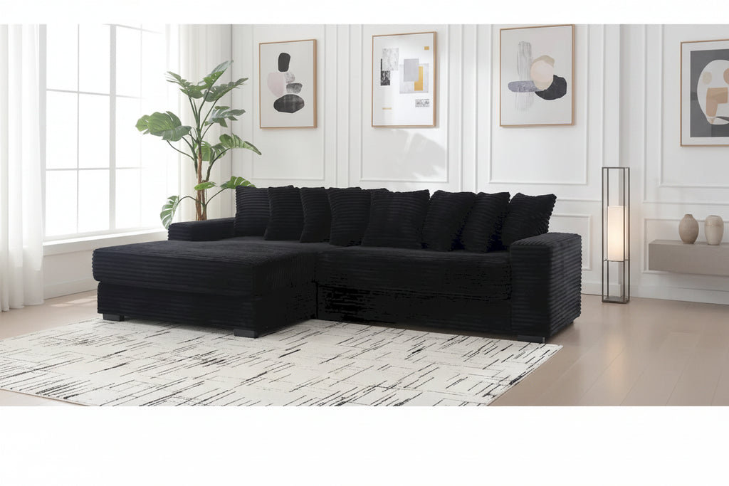 Canapé d'angle en velours côtelé noir/gris/beige/vert, méridienne à gauche, 3 places