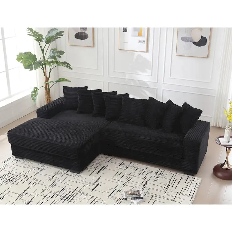 Canapé d'angle en velours côtelé noir/gris/beige/vert, méridienne à gauche, 3 places