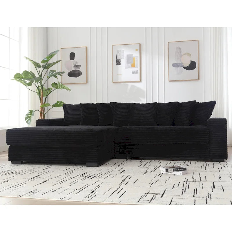 Canapé d'angle en velours côtelé noir/gris/beige/vert, méridienne à gauche, 3 places