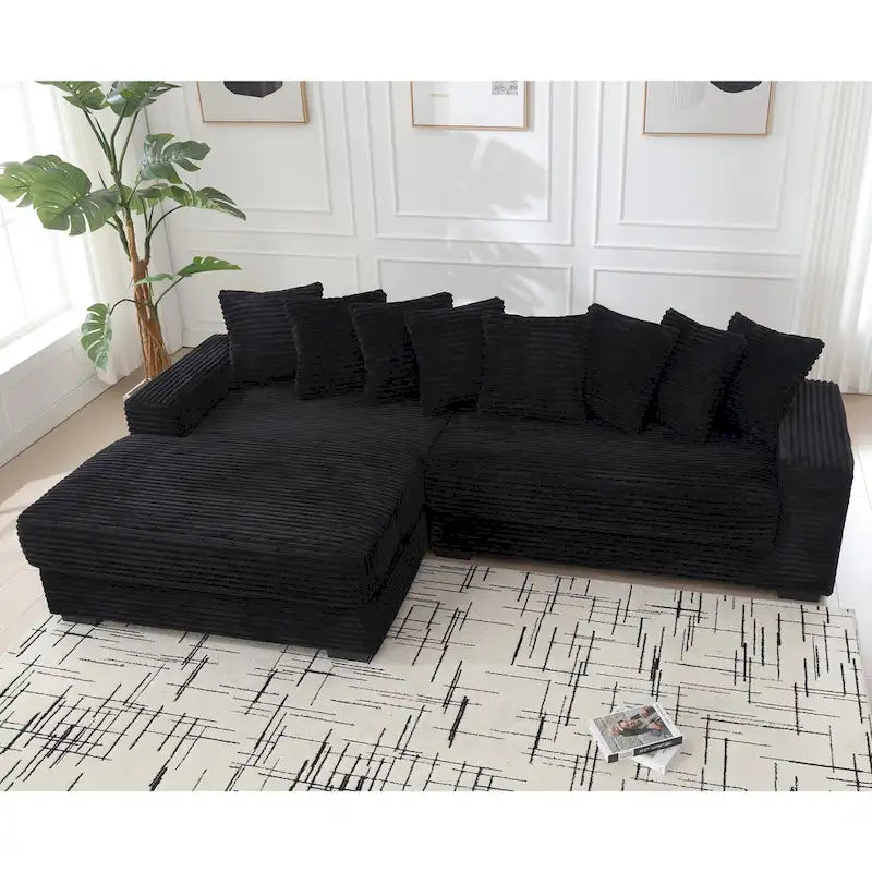 Canapé d'angle en velours côtelé noir/gris/beige/vert, méridienne à gauche, 3 places