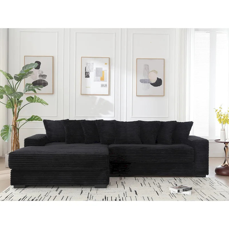 Canapé d'angle en velours côtelé noir/gris/beige/vert, méridienne à gauche, 3 places