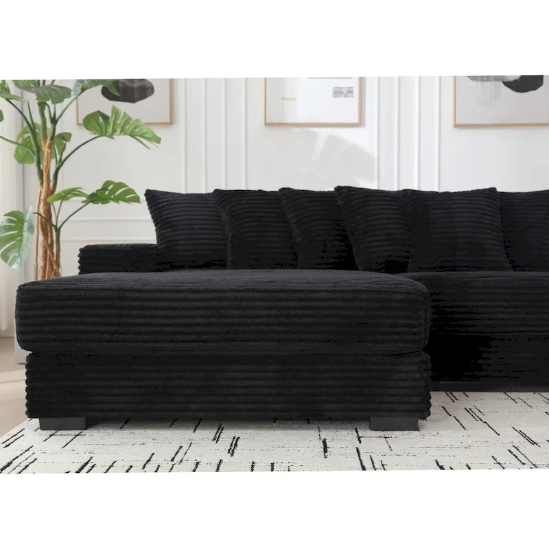 Canapé d'angle en velours côtelé noir/gris/beige/vert, méridienne à gauche, 3 places