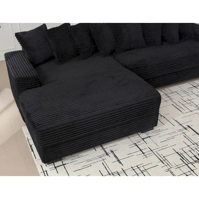 Canapé d'angle en velours côtelé noir/gris/beige/vert, méridienne à gauche, 3 places