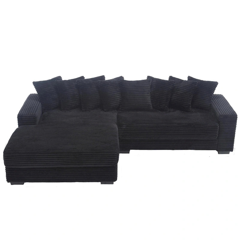 Canapé d'angle en velours côtelé noir/gris/beige/vert, méridienne à gauche, 3 places