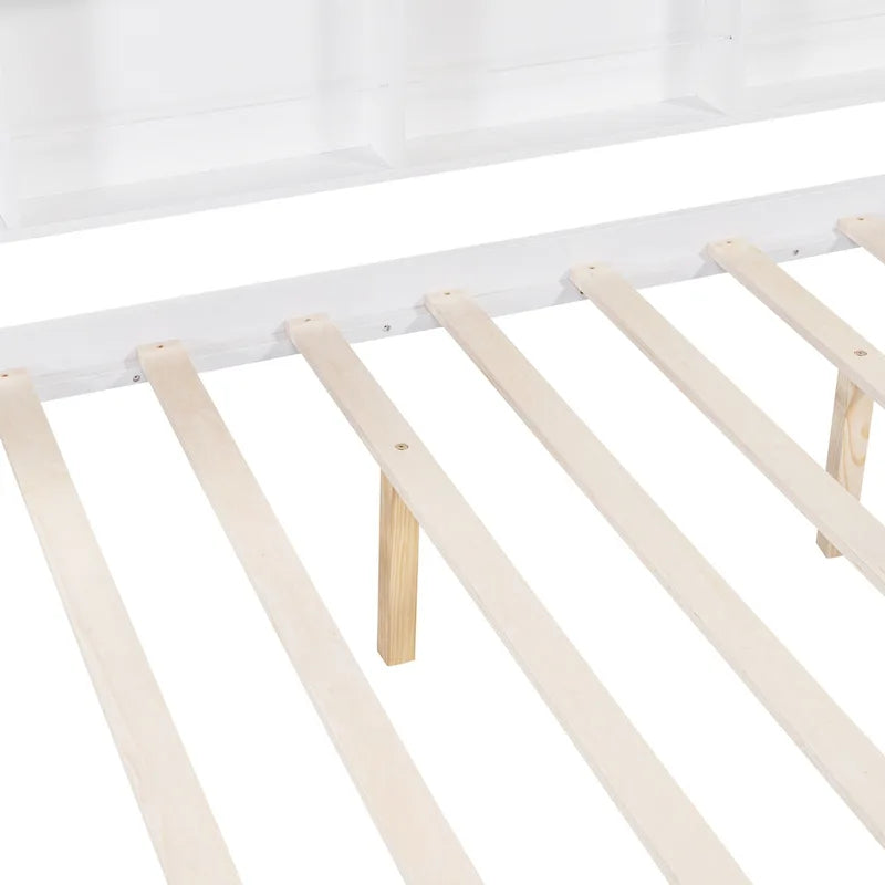 White Full Pine Kids House Platform Bed with Trundle, Shelf, and Roof