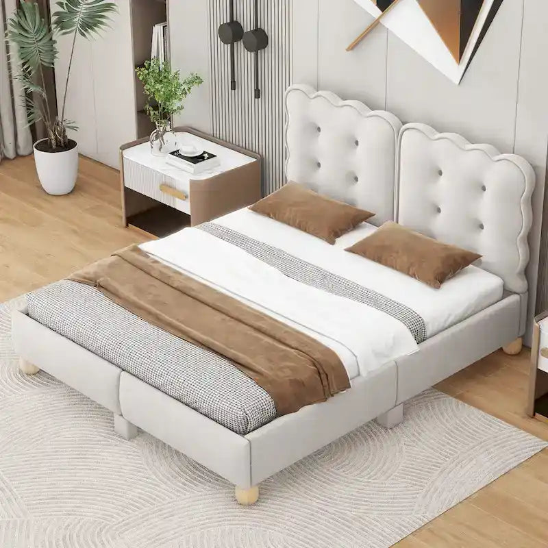Lit plateforme capitonné beige Queen Size